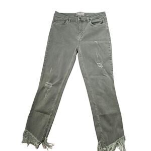 Free People Green Denim Jeans Frayed Bottom Distressed Skinny Womens Size 31